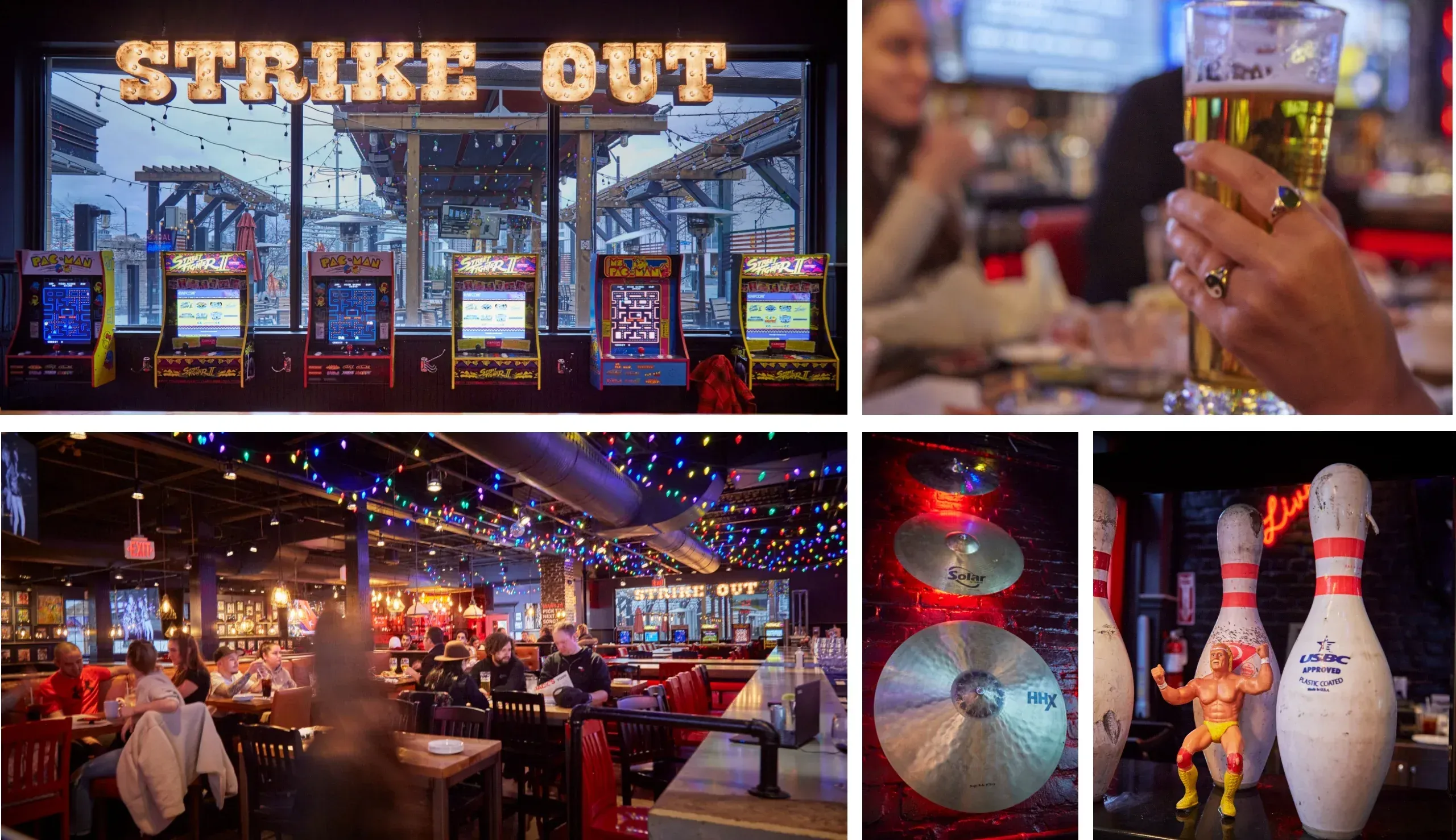Montage of modern, rebellious interior design elements including bowling, vintage gaming, and edgy art for the Jack Astor's brand relaunch.