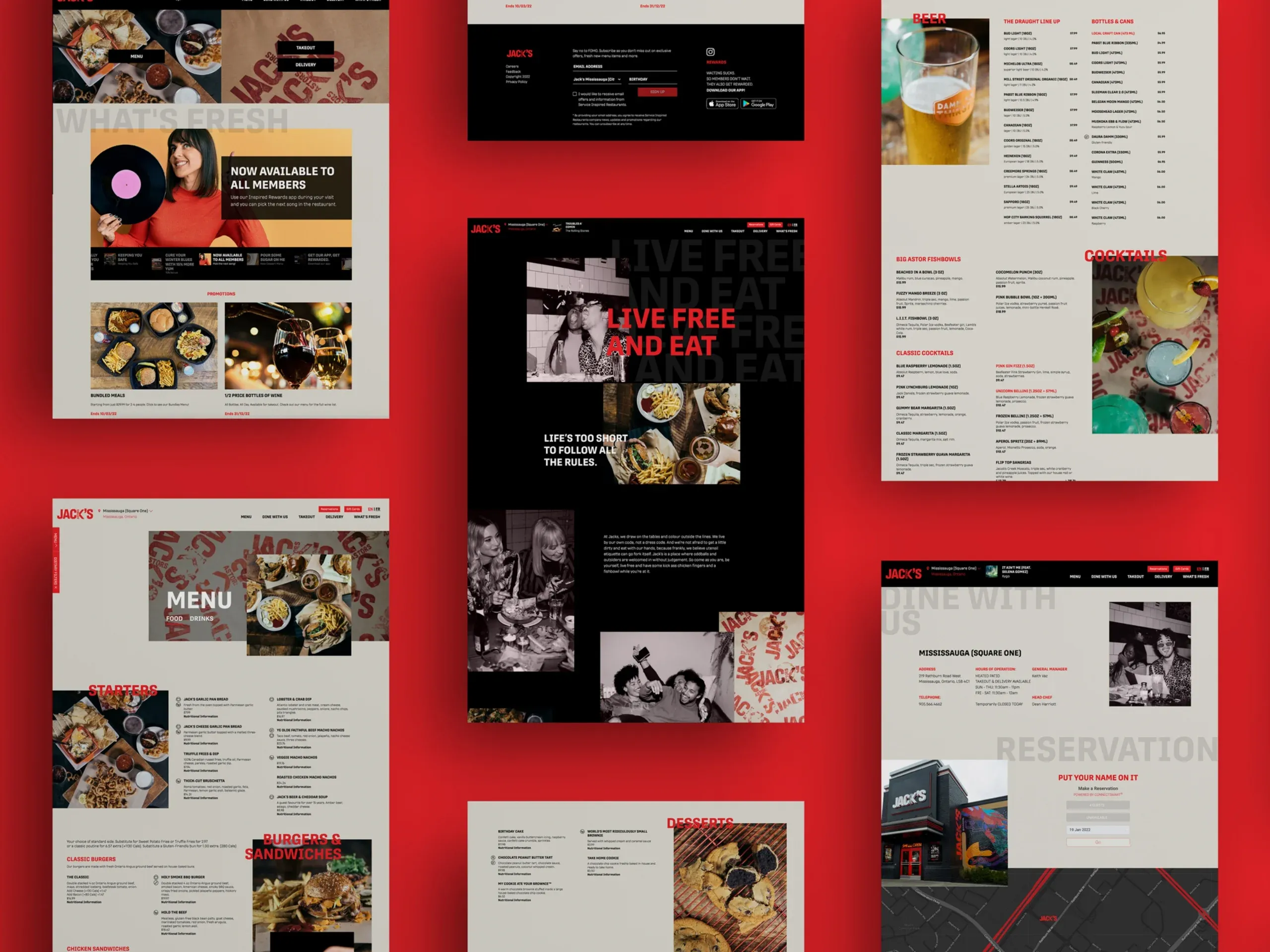Full-page layout of the new Jack Astor's mobile-first website, featuring dynamic food photography and a modern UX design